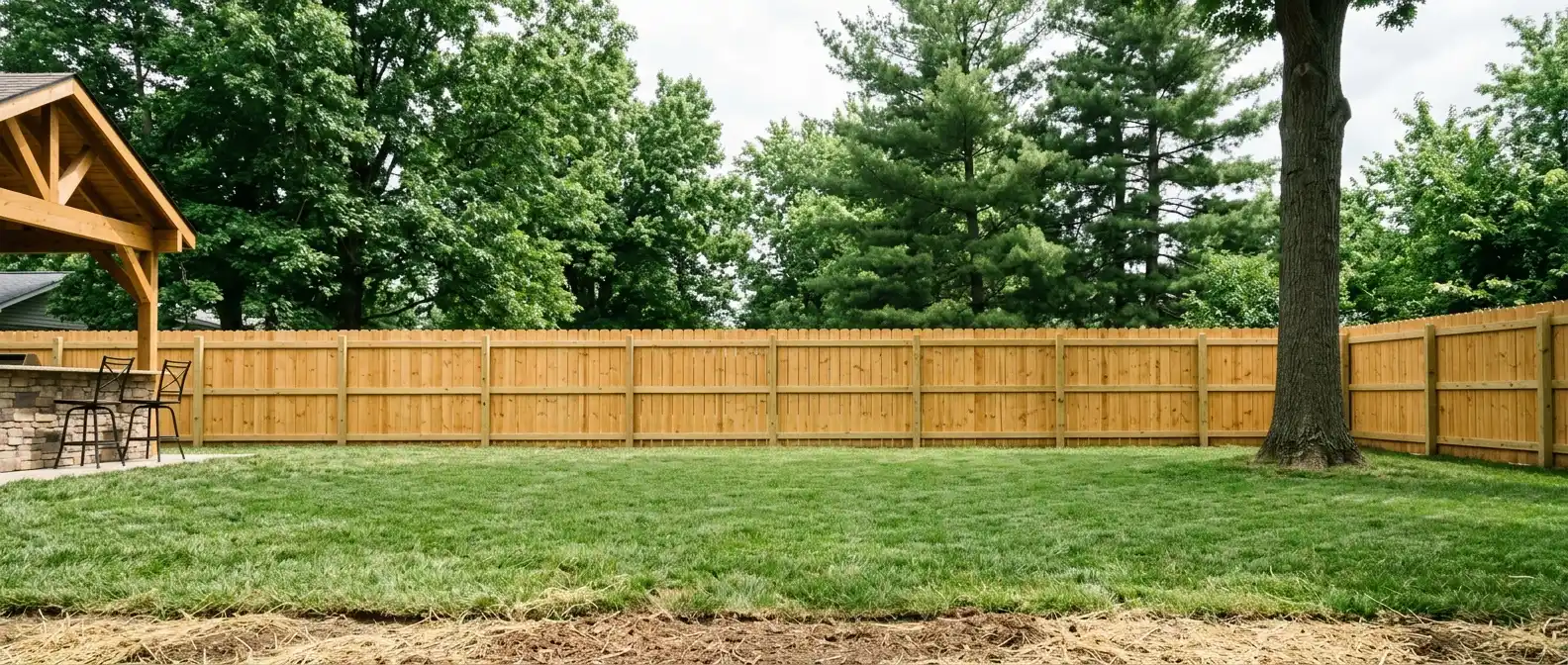 Level backyard lawn with the new honey wood privacy fence, before the firepit patio was built