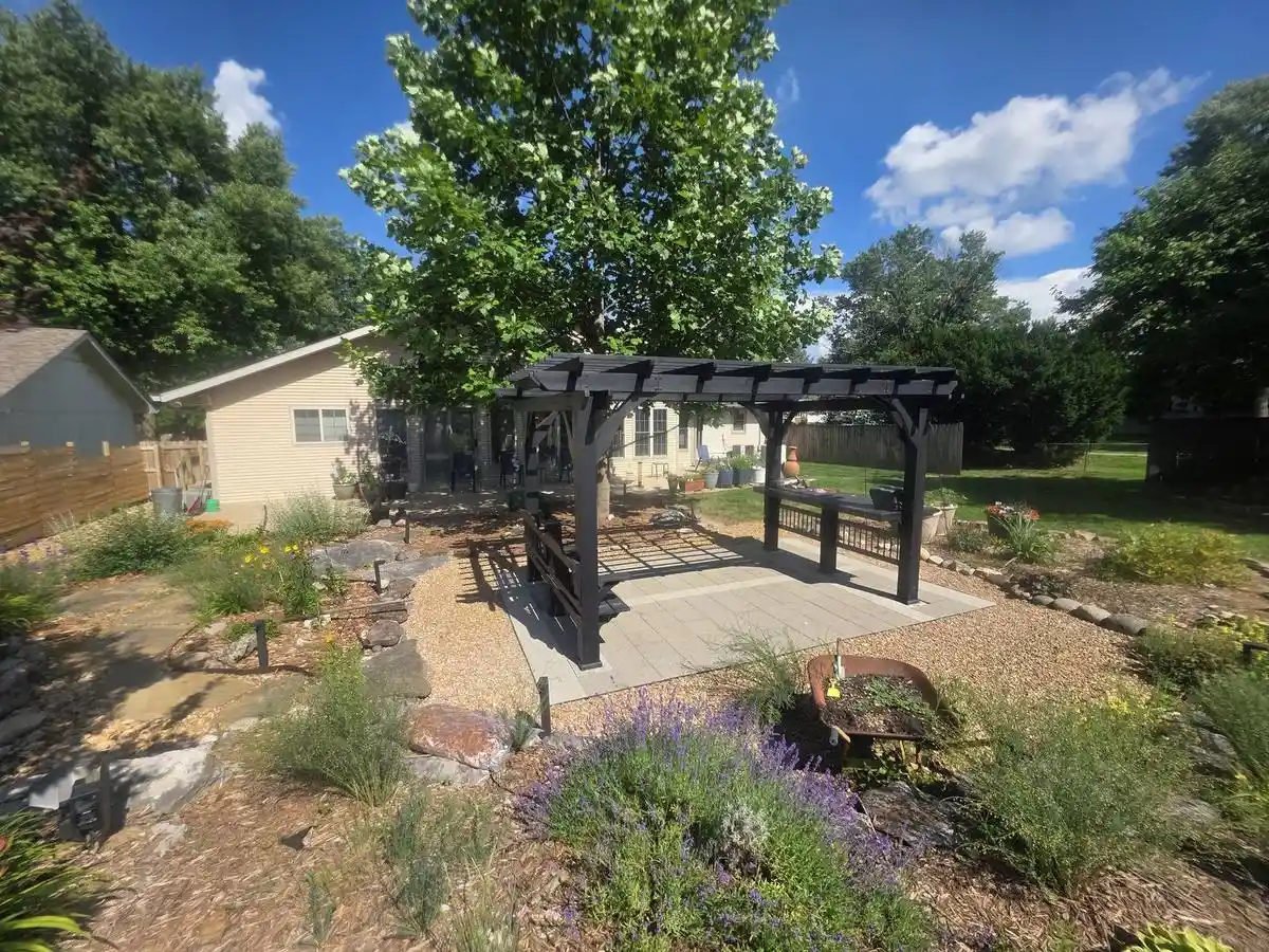 A finished paver patio and fire pit in the 417