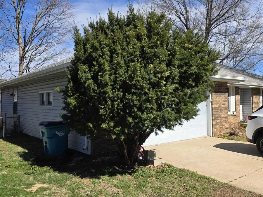 Overgrown shrub against a house before a cleanup