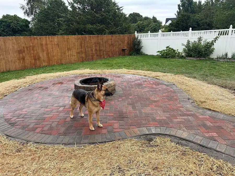 Finished brick paver patio and fire pit with a dog standing on it